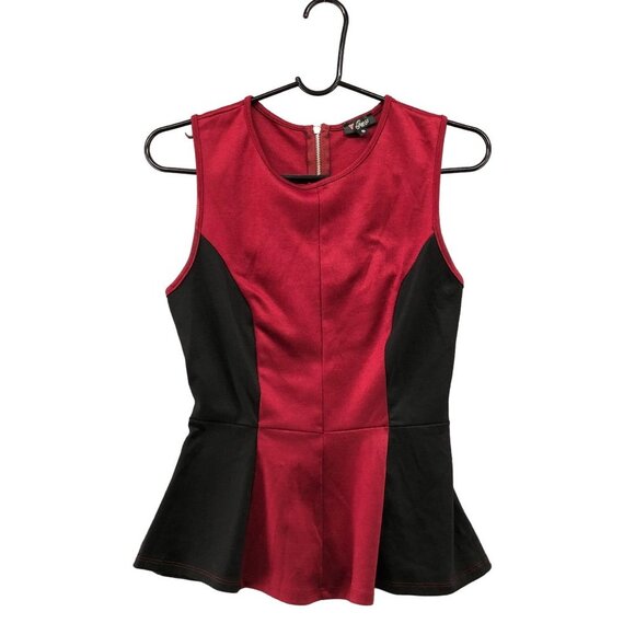 Guess Sleeveless Blouse Womens S Red Black Colorblock Peplum Ponte Formal - Picture 1 of 9